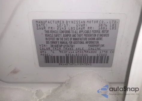 2018 Nissan Sentra S z USA, uszkodzony, nr VIN 3N1AB7AP1JY247041